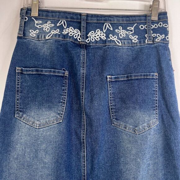 Fashion Denim Homme Maxi Jean Skirt Embroidered Waistband Aline Size Large - Picture 4 of 11